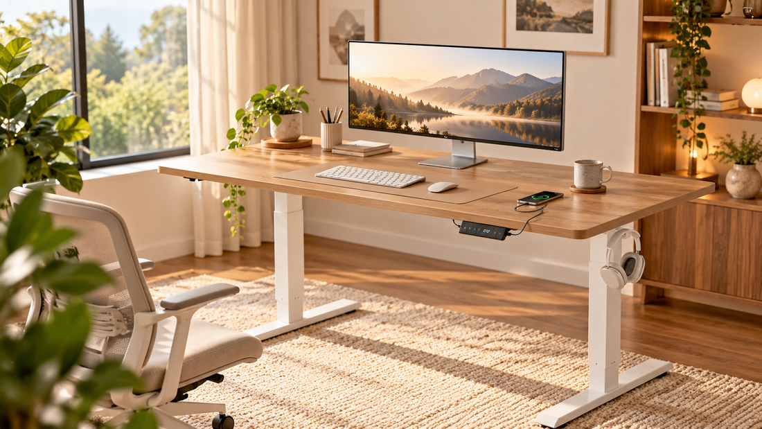Bureau assis-debout électrique avec commande de réglage en hauteur dans un espace de travail chaleureux
