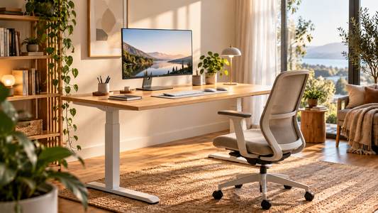 Bureau assis-debout DynaDesk aménagé dans un espace de télétravail