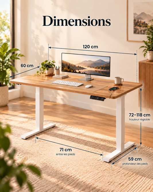Dimensions du bureau assis-debout DynaDesk 120 x 60 cm réglable de 72 à 118 cm