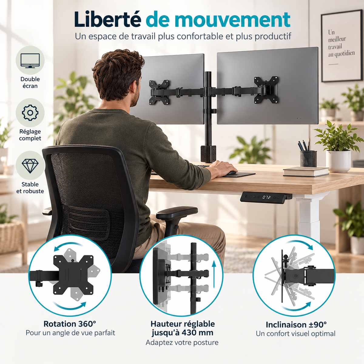 Support Double Écran PC 13-27 Pouces | DynaDesk