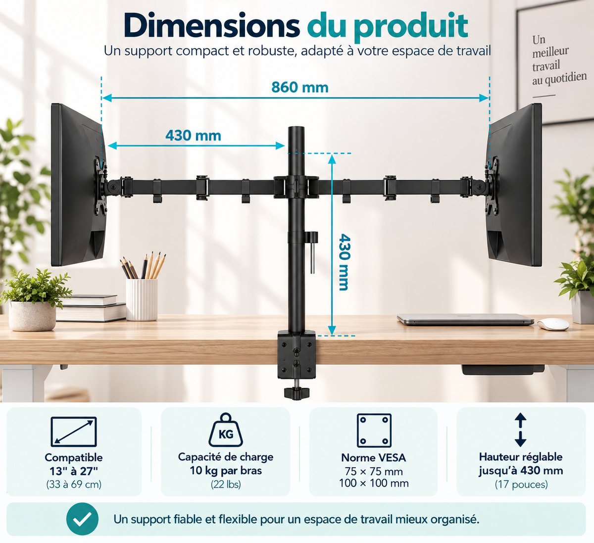 Support Double Écran PC 13-27 Pouces | DynaDesk