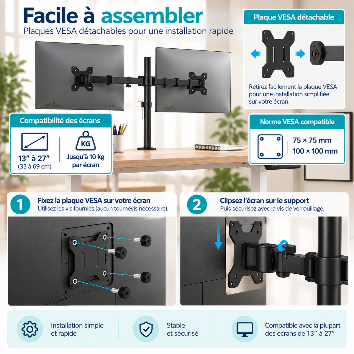 Support Double Écran PC 13-27 Pouces | DynaDesk